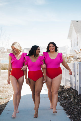 Ocean One Piece | Neon Pink & Poppy Red